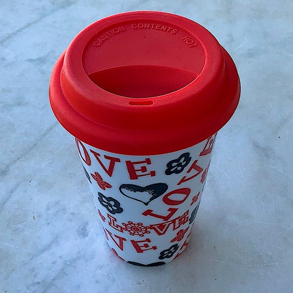 ECO ONE REUSE ME TRAVEL MUG LOVE HEARTS RED SILICON LID COFFEE 10 OZ - Picture 4 of 5